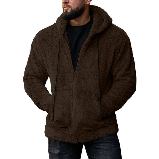 Herren nan Teddyplüsch Zip-Hoodie mit übergroßer Kapuze, verdecktem Reißverschluss und Eingrifftaschen EB