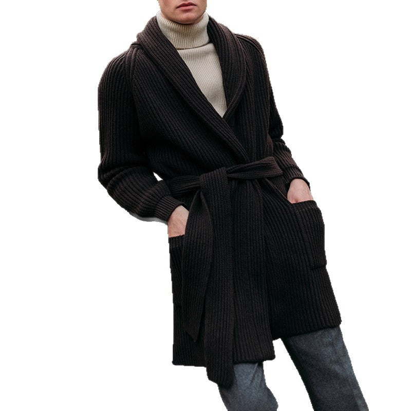 Herren Strickmantel mit breitem Gürtel und praktischen Taschen EB