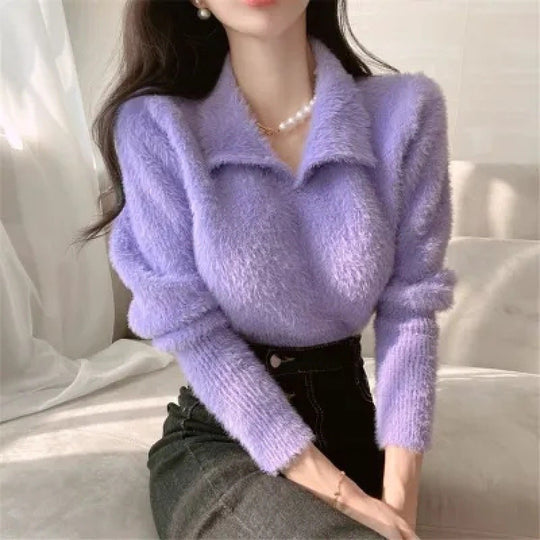 Damen Weicher Strickpullover mit elegantem Kragen und Puffärmeln EB