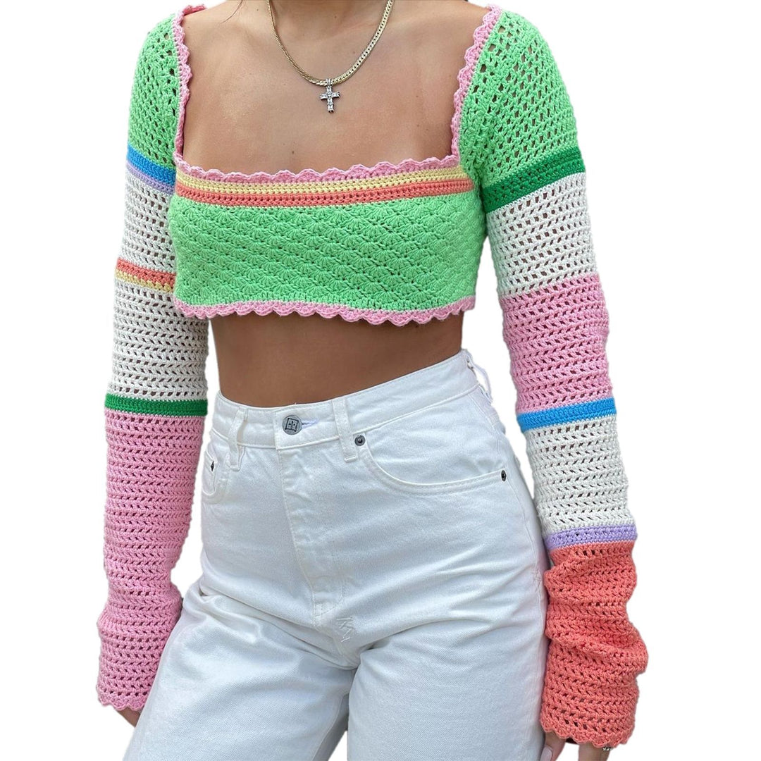 Damen gehäkeltes Crop-Top mit breiten, bunten Ärmeln EB