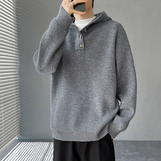 Herren Strickpullover mit Knopfleiste und Kapuze EB