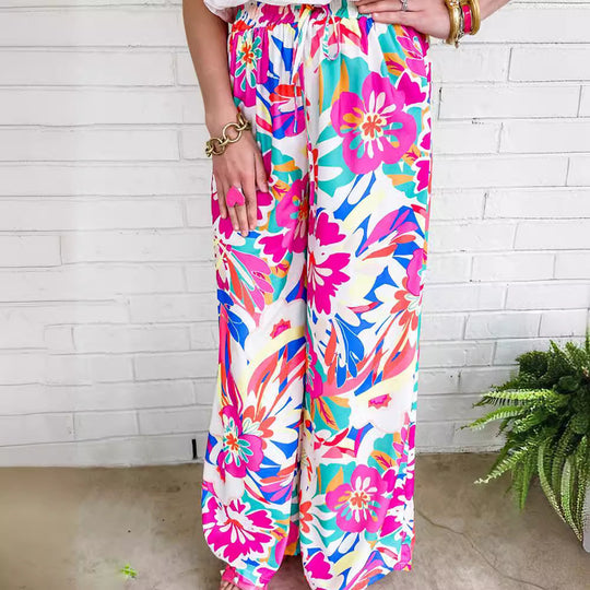 Damen Weit geschnittene Freizeithose mit buntem Blumenmuster und elastischem Bund EB