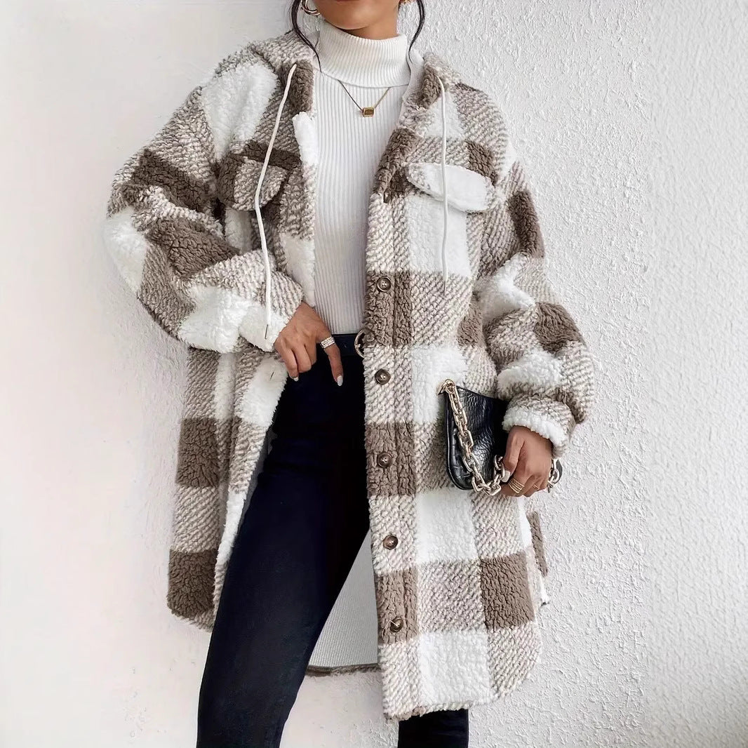 Damen Plüschige Karojacke im Oversized-Stil mit Knopfleiste EB