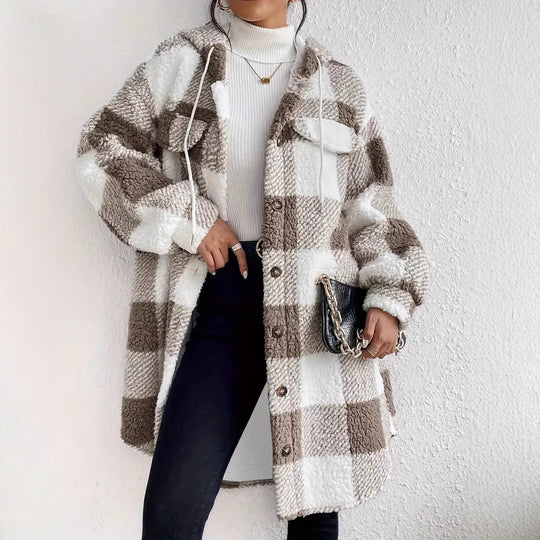Damen Plüschige Karojacke im Oversized-Stil mit Knopfleiste EB