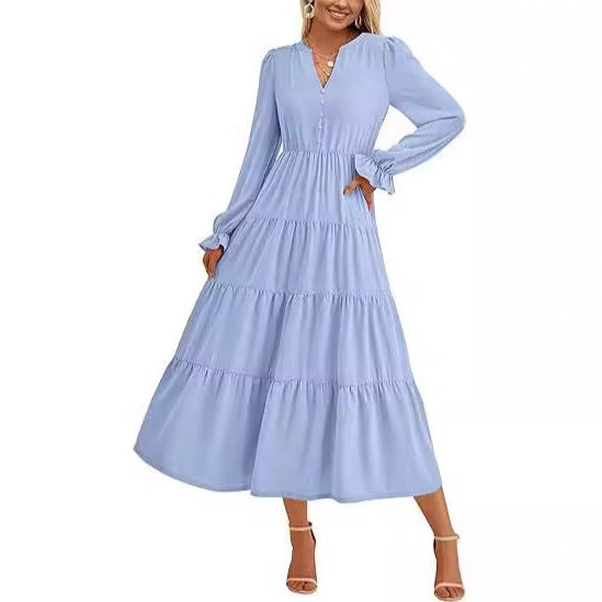Damen Maxikleid mit knopfverzierter Front und voluminösen Ärmeln EB