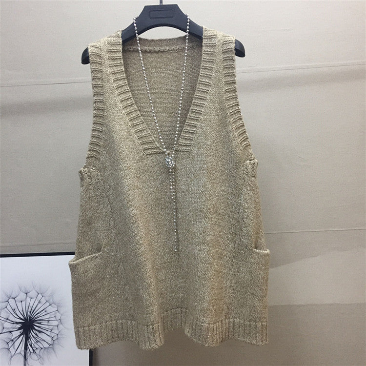 Damen V-Ausschnitt Stricktop mit seitlichen Taschen EB