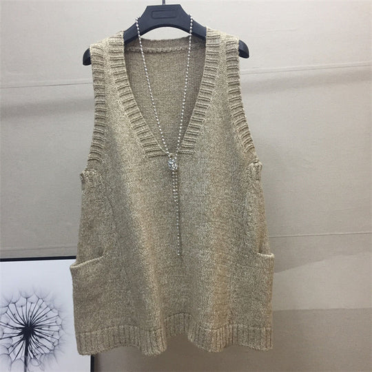 Damen V-Ausschnitt Stricktop mit seitlichen Taschen EB