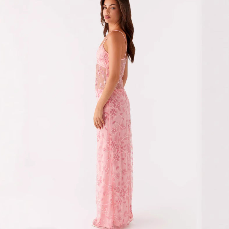 Damen Elegantes Maxikleid mit transparenten Spitzenakzenten und floralen Verzierungen EB