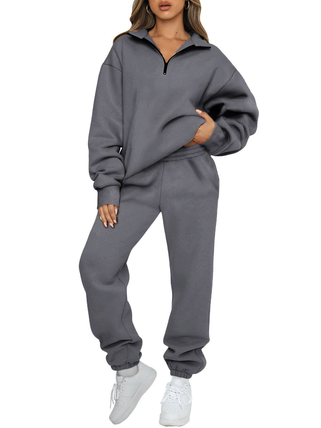 Damen nan oversized Sweatshirt Jogginghose Set mit Reißverschlusskragen EB
