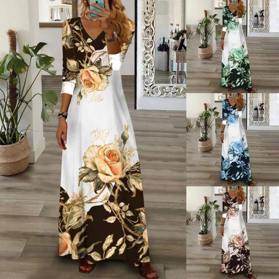 Damen Maxikleid mit floralem Design und V-Ausschnitt EB