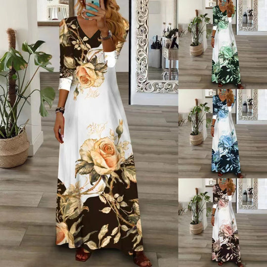 Damen Maxikleid mit floralem Design und V-Ausschnitt EB