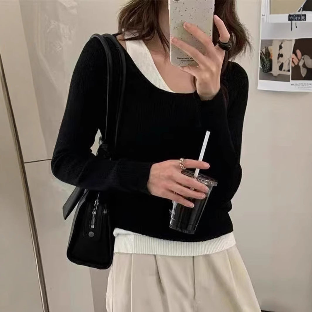Damen lässiger V-Ausschnitt Strickpullover mit kontrastrierendem Saum EB