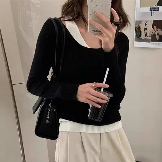 Damen lässiger V-Ausschnitt Strickpullover mit kontrastrierendem Saum EB