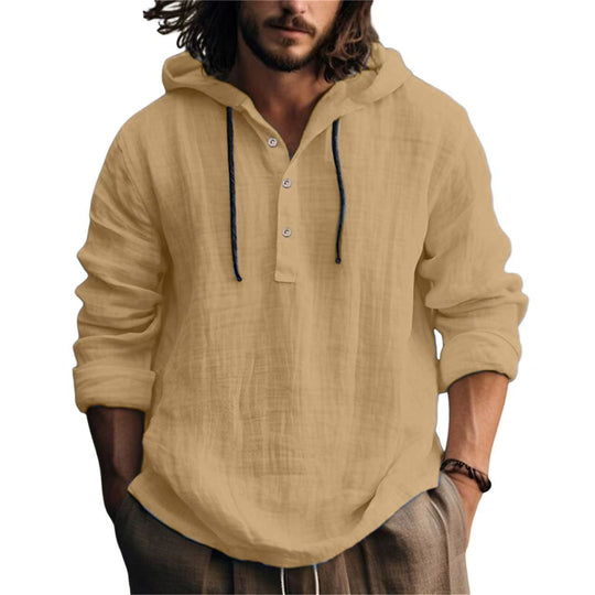 Herren nan Leichtes Kapuzenhemd im Leinenlook mit Henley-Knopfleiste EB