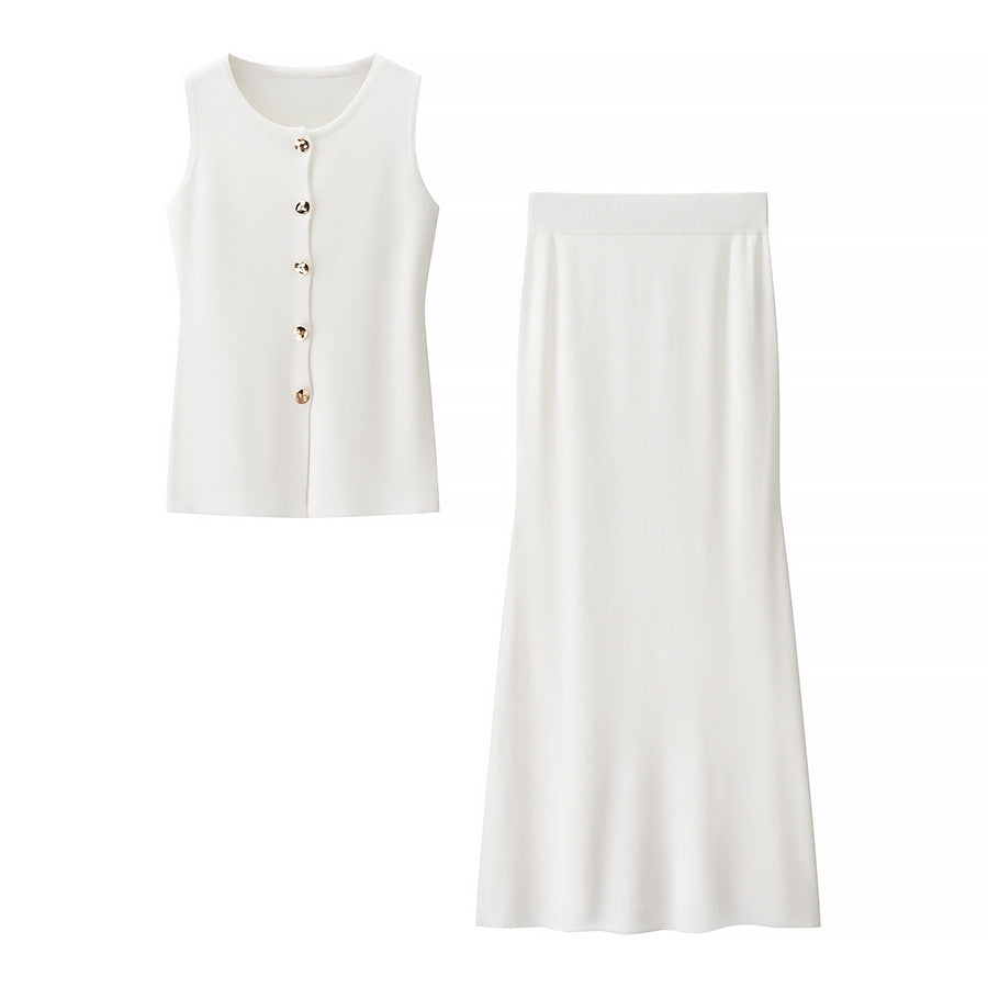 Damen Set aus ärmellosem Oberteil mit Knopfdetails und schwingendem Rock EB