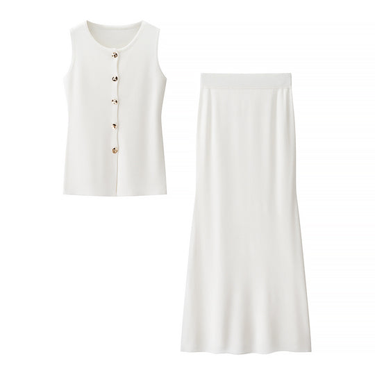 Damen Set aus ärmellosem Oberteil mit Knopfdetails und schwingendem Rock EB