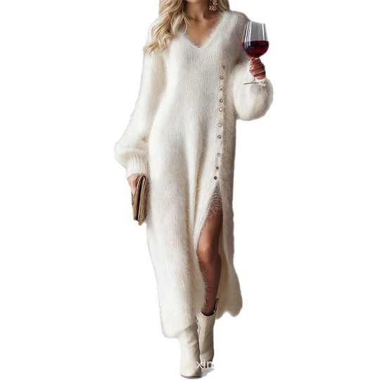 Damen nan flauschiges Maxikleid mit V-Ausschnitt und seitlichem Knopfverschluss EB
