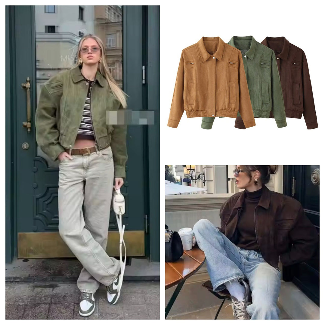 Damen elegante Wildlederjacke mit praktischen Taschen EB
