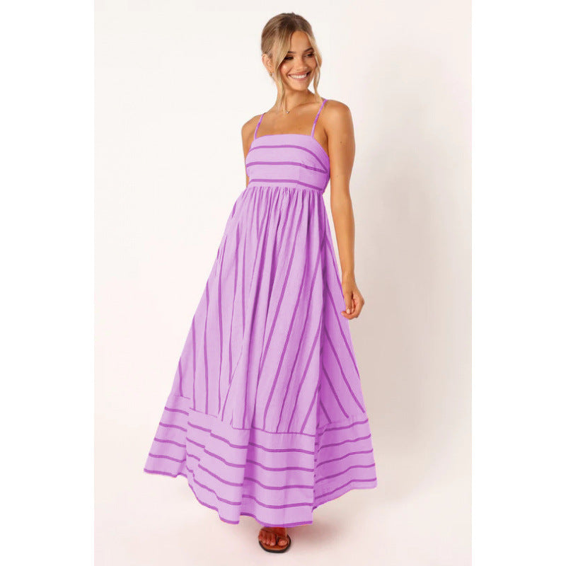 Damen Maxikleid mit feinen Streifen und elastischem Taillenbund EB