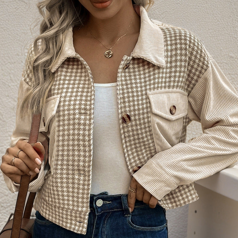 Damen gestreifte Cordjacke im modernen Houndstooth-Design EB