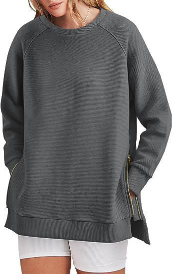 Damen lässiger Sweatshirt mit Seitentaschen und Reißverschluss EB