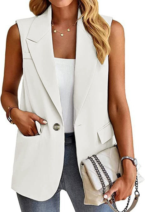 Damen ärmellose Blazerjacke mit Taillenakzenten und praktischen Taschen EB