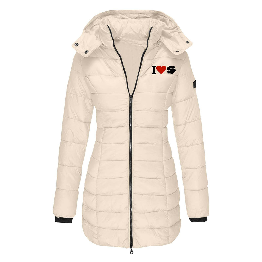 Damen nan gesteppte Steppjacke mit Kapuze, taillierter Silhouette und Herz-Pfoten-Print EB