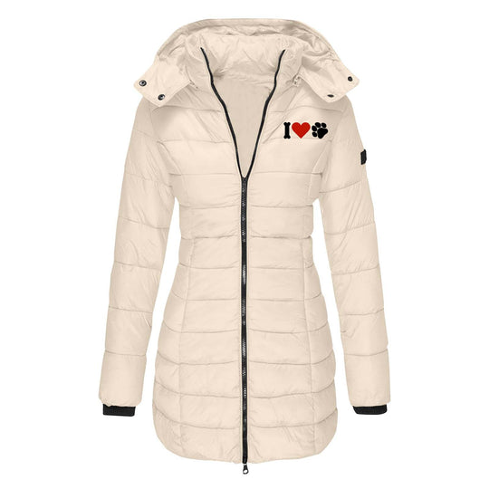 Damen nan gesteppte Steppjacke mit Kapuze, taillierter Silhouette und Herz-Pfoten-Print EB