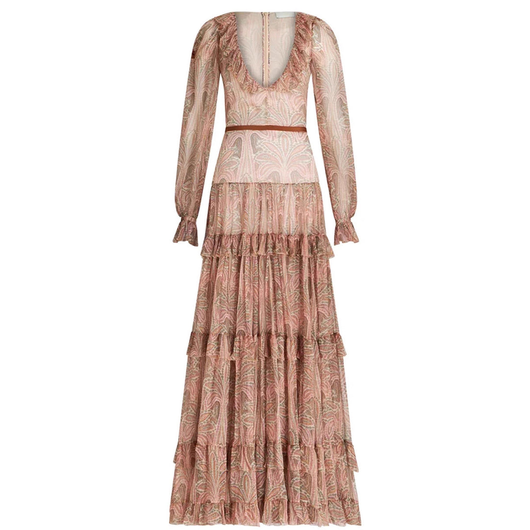 Damen Maxikleid mit rüschenverziertem Gewebe und elegantem V-Ausschnitt EB