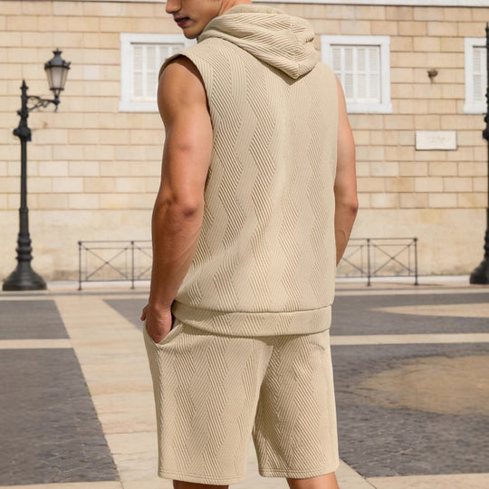 Herren nan ärmelloses Kapuzen-Lounge-Set aus strukturierter Baumwollmischung mit Kängurutasche und elastischer Freizeithose EB