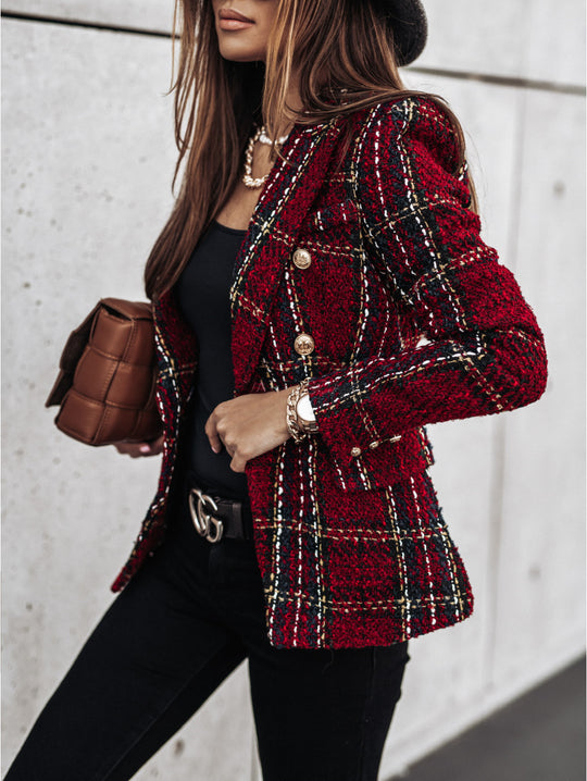 Damen Modischer Tweed-Blazer mit doppelter Knopfleiste und strukturiertem Gewebe EB