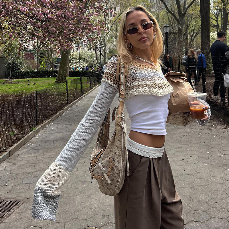 Damen gehäkeltes Crop-Top mit langem Arm und bunten Streifen EB