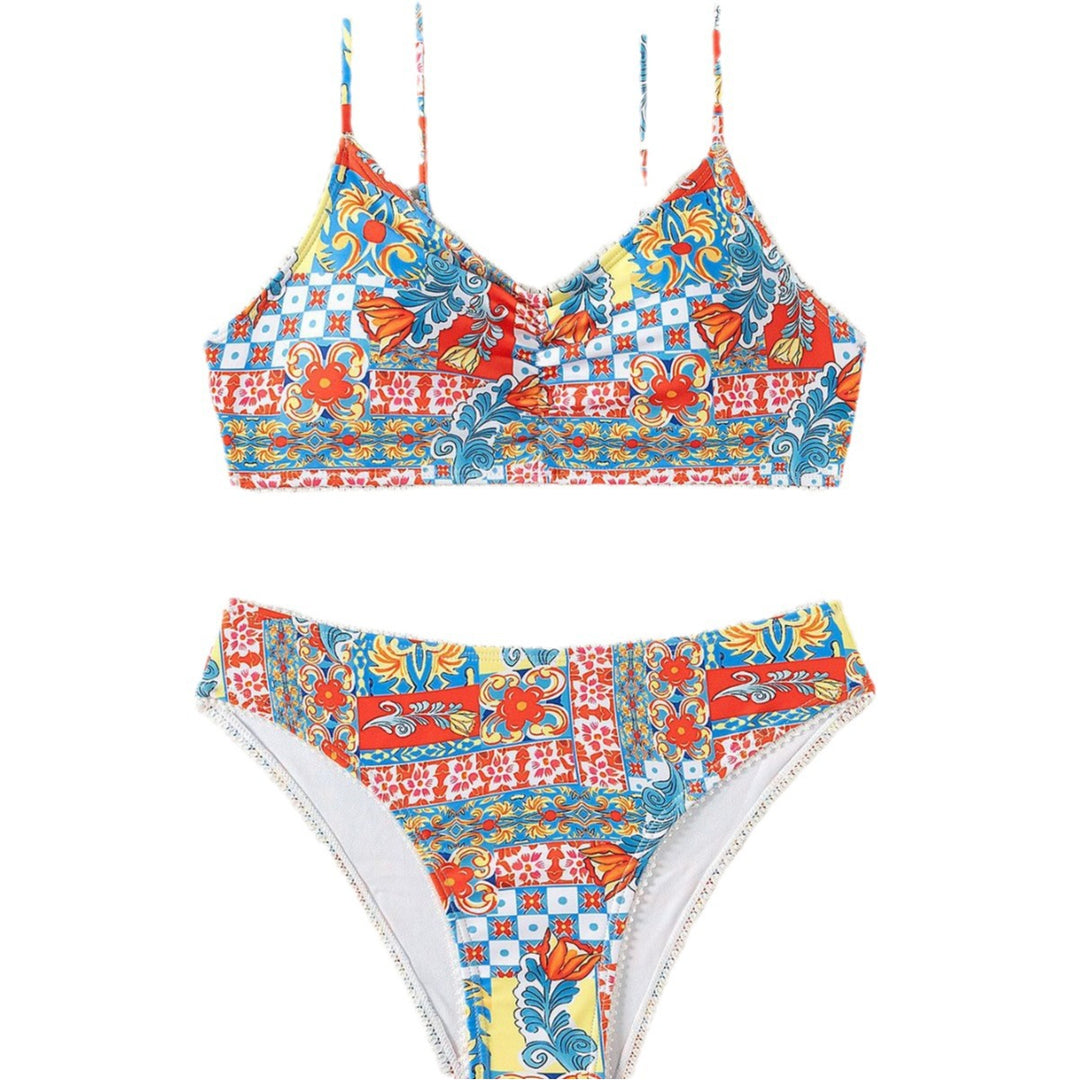 Damen Bikini mit buntem Patchwork-Muster und hohem Bund EB
