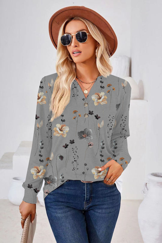 Damen Langarm-Bluse mit floralem Druck und Knopfleiste EB