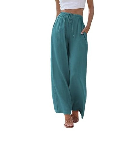Damen nan weite Leinenhose mit elastischem Bund Kordel und Seitentaschen EB