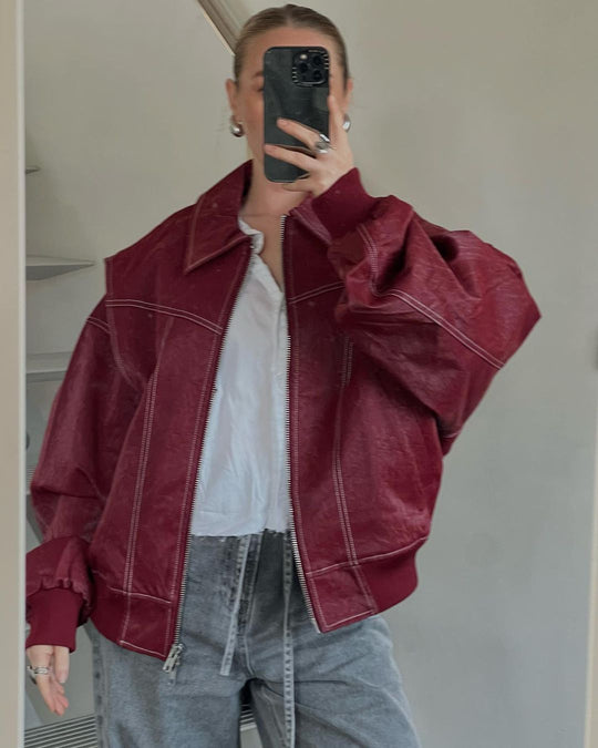 Damen Modische Kunstlederjacke mit oversized Schnitt EB