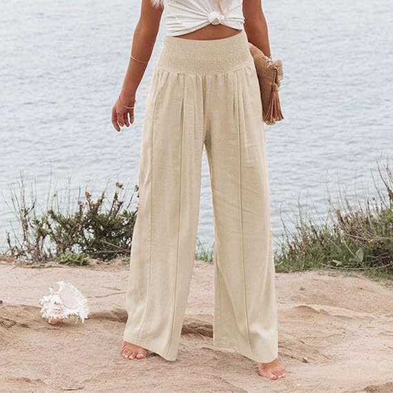 Damen weite und elegante Palazzo-Hose mit hohem Bund und Faltenwurf EB