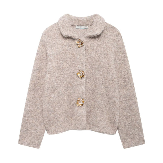 Damen Teddyjacke mit eleganten Blumenknopfdetails EB