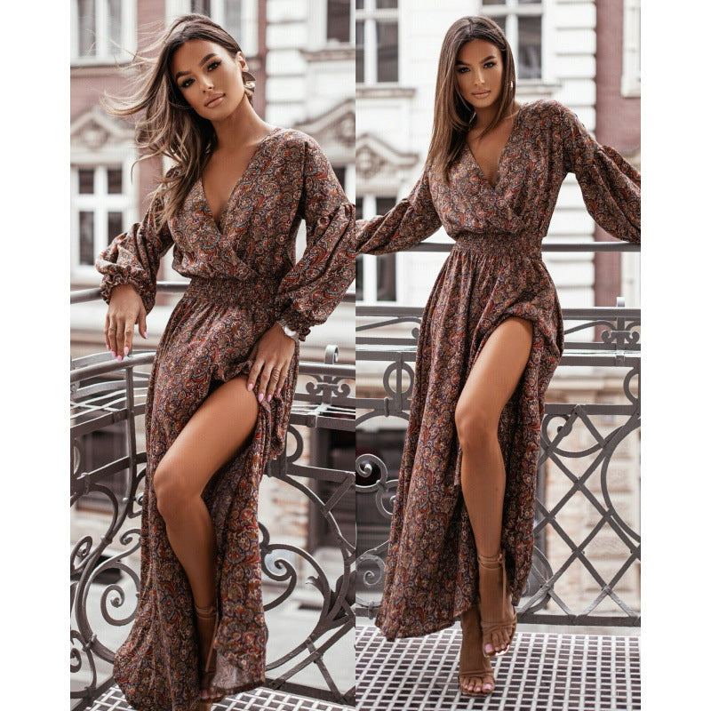 Damen Maxikleid mit tiefem V-Ausschnitt und voluminösen Ärmeln EB