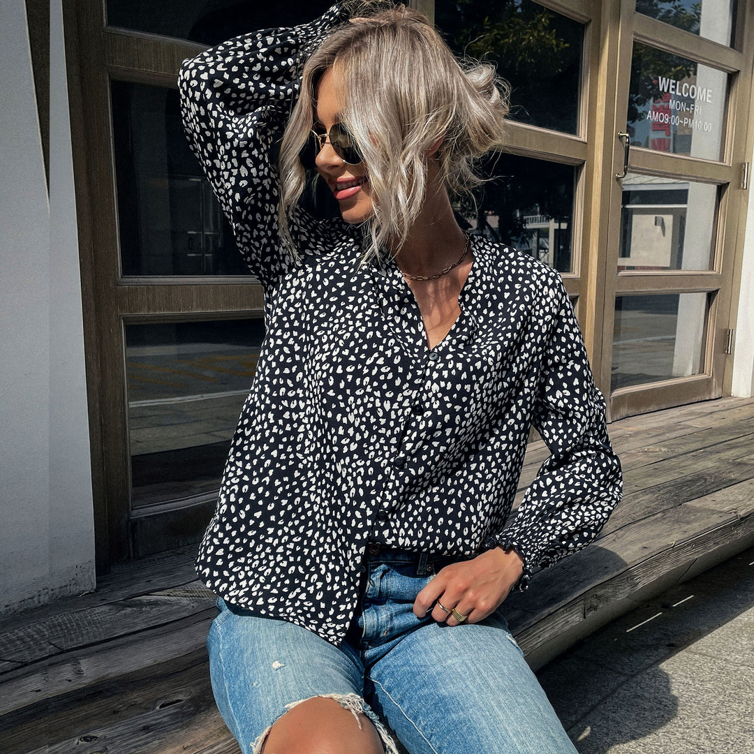 Damen Bluse mit modernem Punktedesign und elastischen Ärmeln EB