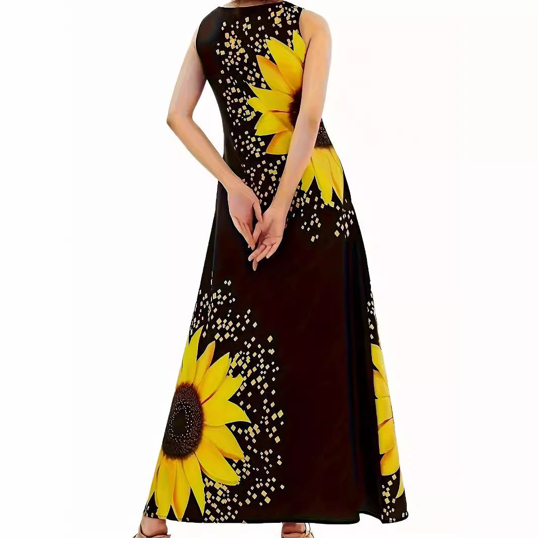 Damen Maxikleid mit floralem Sonnenblumenmuster und raffinierten Taschen EB