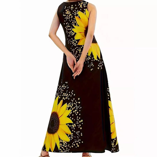 Damen Maxikleid mit floralem Sonnenblumenmuster und raffinierten Taschen EB