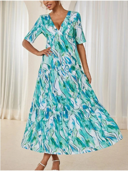 Damen Maxikleid mit voluminösen Rüschen und modischem V-Ausschnitt EB