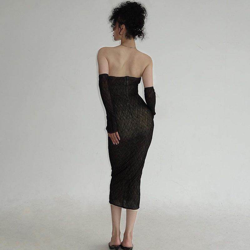 Damen figurbetontes Spitzenkleid mit schulterfreien Ärmeln und elegantem Design EB