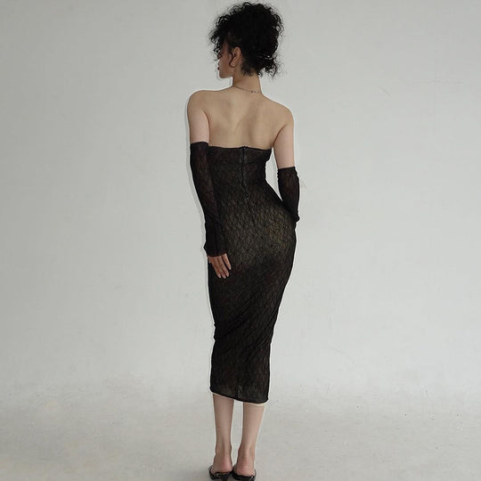 Damen figurbetontes Spitzenkleid mit schulterfreien Ärmeln und elegantem Design EB