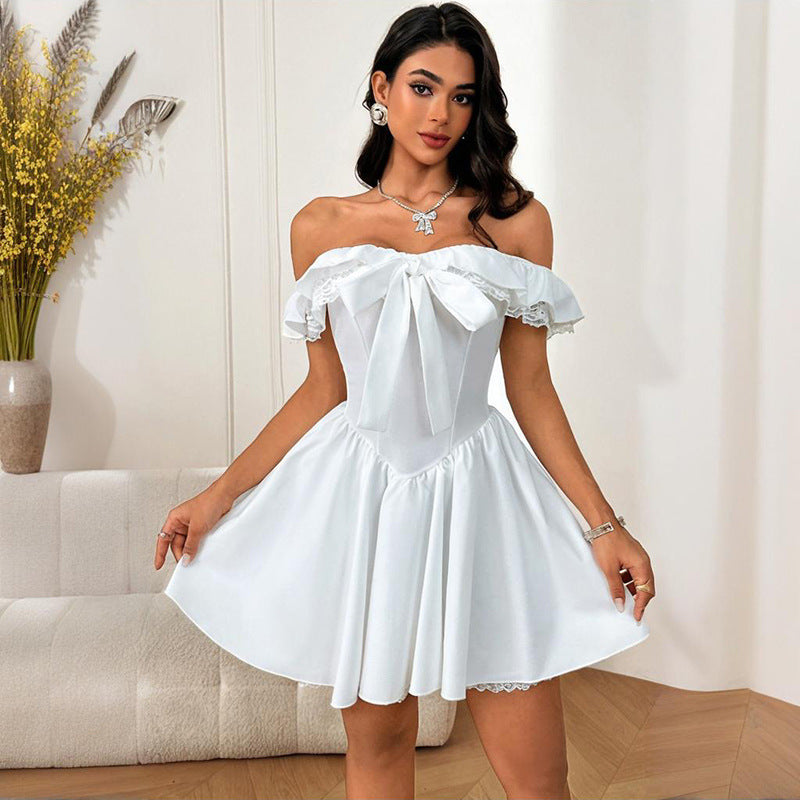 Damen Off-Shoulder Kleid mit verspieltem Schleifendetail EB