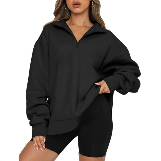 Damen Sportlicher Oversized Pullover mit Reißverschluss und seitlichem Schlitz EB