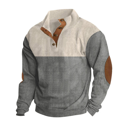 Herren nan gerippter Pullover mit Stehkragen, Knopfleiste und Ellbogen-Patches EB