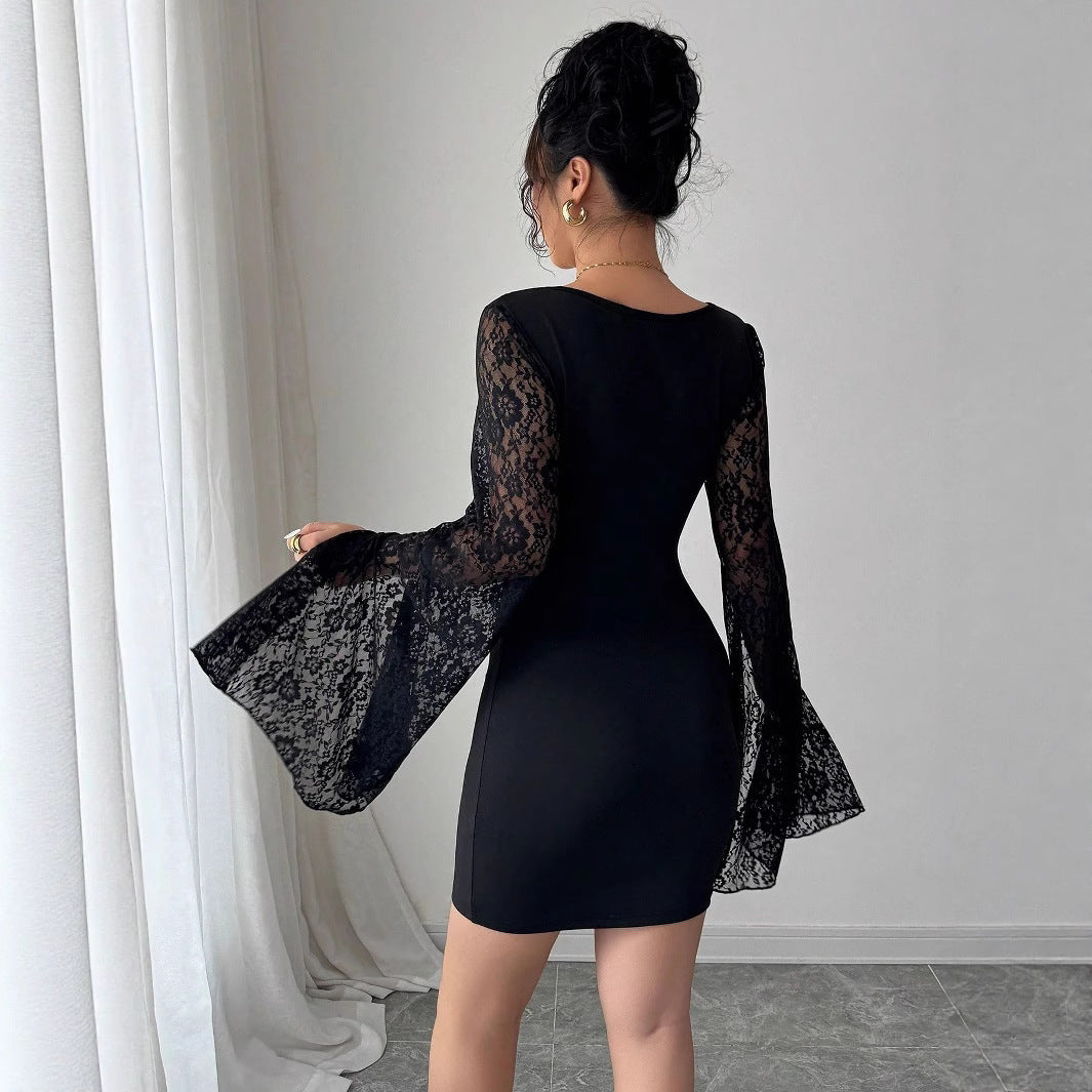 Damen Elegantes Minikleid mit Spitzenärmeln EB