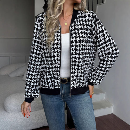 Damen Modischer Bomberjacke mit klassischem Hahnentrittmuster EB